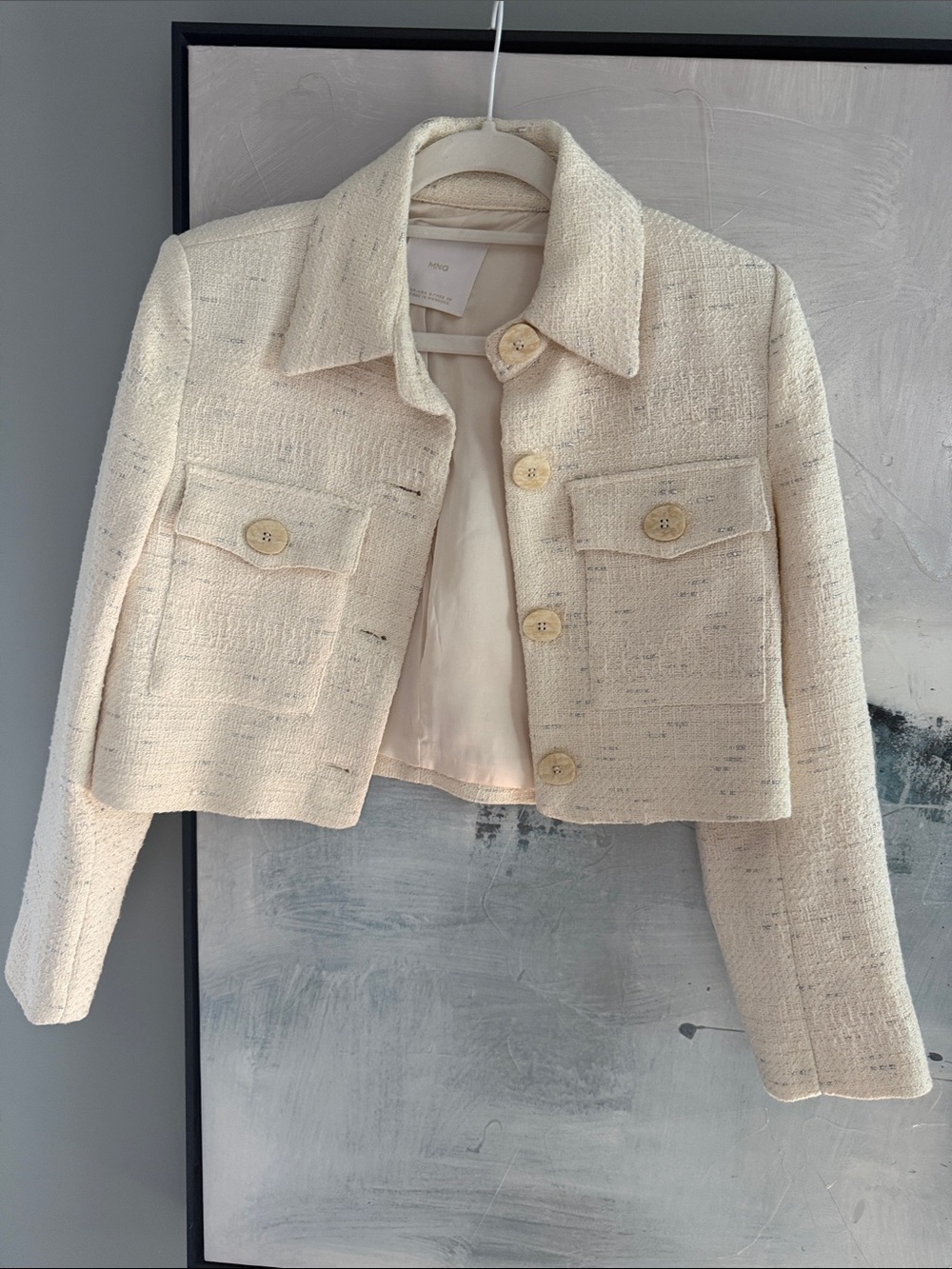 Mango Cropped Cream Tweed Jacket